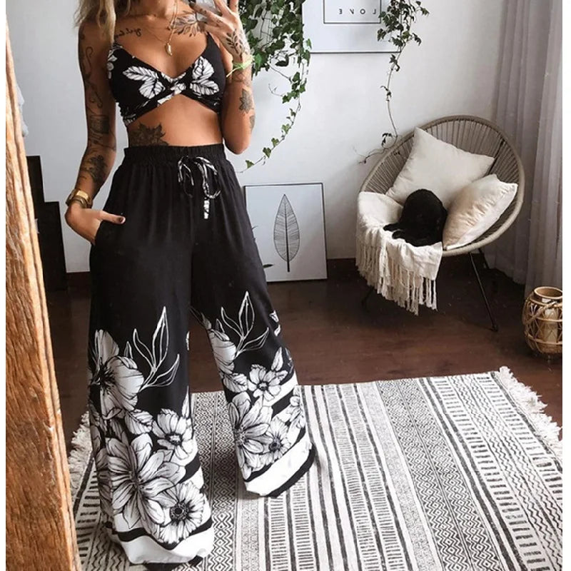 LVSANW 2Pcs Suit Summer Tracksuit Sets Womens Outfits Boho Beach Style Print Underwear Loose Wide Leg Pants Ropa Mujer Подходить New