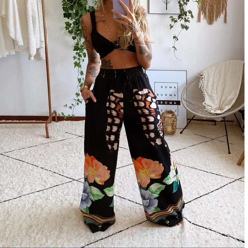 LVSANW 2Pcs Suit Summer Tracksuit Sets Womens Outfits Boho Beach Style Print Underwear Loose Wide Leg Pants Ropa Mujer Подходить New