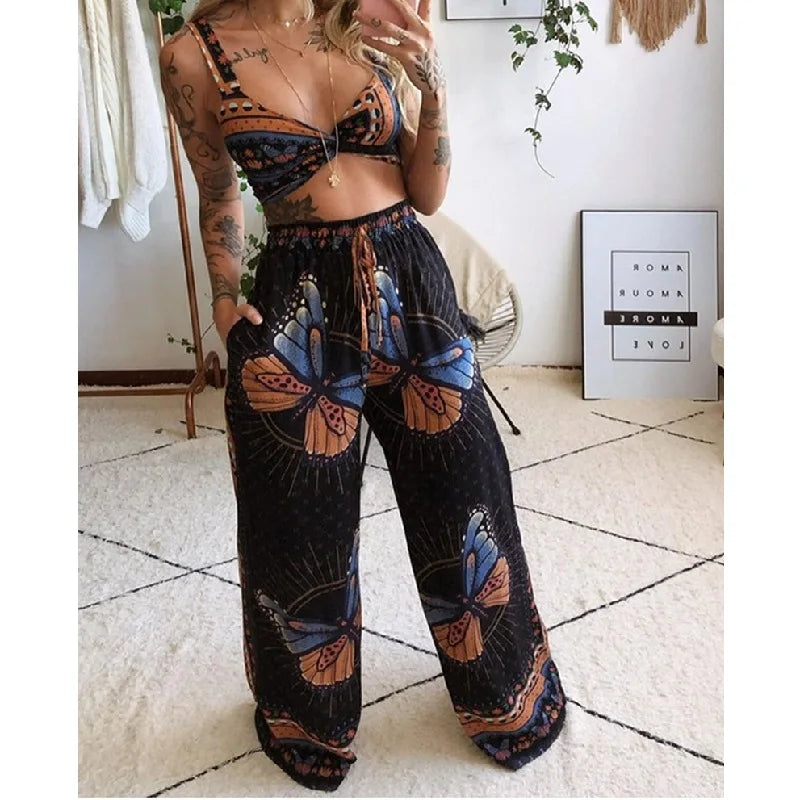 LVSANW 2Pcs Suit Summer Tracksuit Sets Womens Outfits Boho Beach Style Print Underwear Loose Wide Leg Pants Ropa Mujer Подходить New