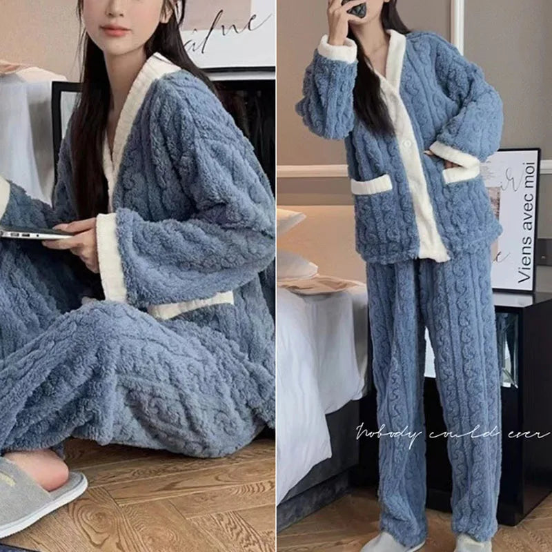 LVSANW 2pcs/Set Autumn And Winter Pajamas Women Thickened Padded Warm Students Coral Girls Clot Velvet Suit Homewear Cardigan Trousers