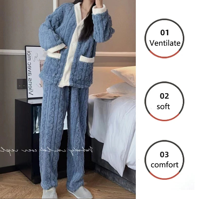 LVSANW 2pcs/Set Autumn And Winter Pajamas Women Thickened Padded Warm Students Coral Girls Clot Velvet Suit Homewear Cardigan Trousers