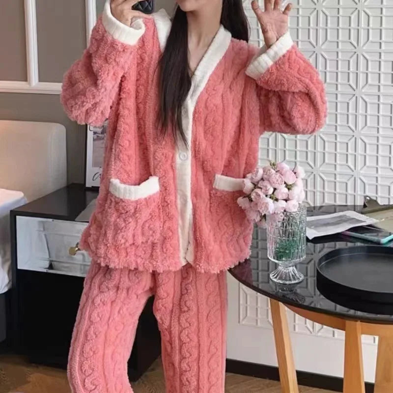 LVSANW 2pcs/Set Autumn And Winter Pajamas Women Thickened Padded Warm Students Coral Girls Clot Velvet Suit Homewear Cardigan Trousers