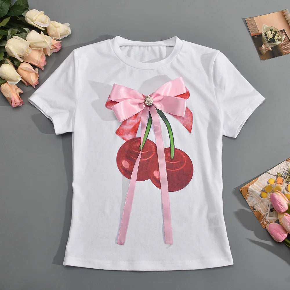 LVSANW 3D Butterfly Tie Decorative T Shirt For Women Coquette Bows Short Sleeve Summer Slim Fit Casual Printed Tees Tops