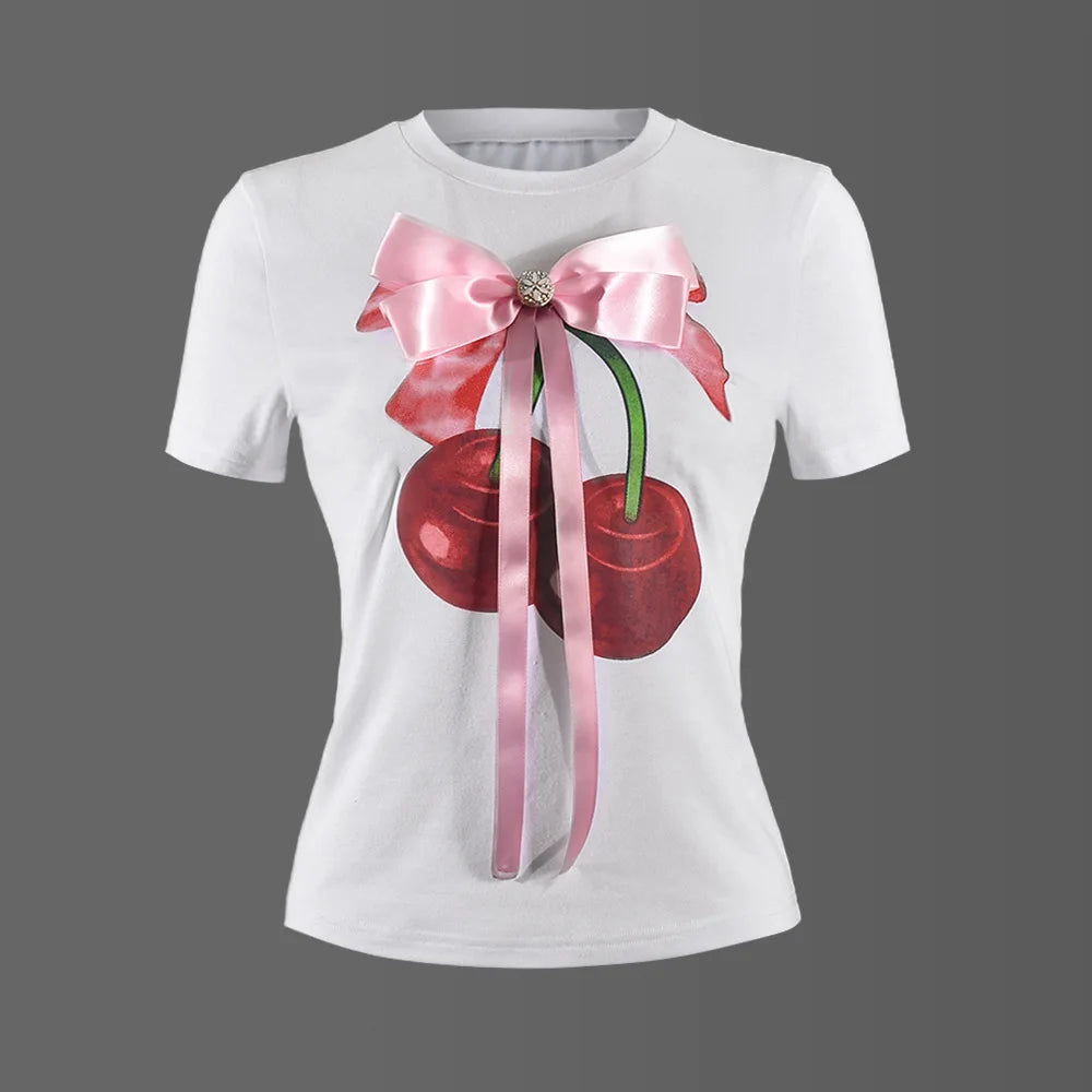 LVSANW 3D Butterfly Tie Decorative T Shirt For Women Coquette Bows Short Sleeve Summer Slim Fit Casual Printed Tees Tops