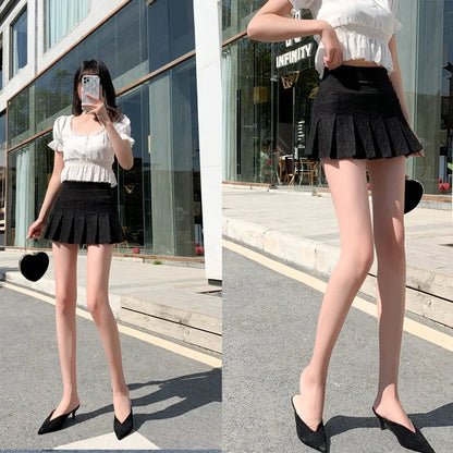 LVSANW A Line Mini Skirt New Ultra-short Mini Pants Elastic Waist Joker Lace Pleated  Sexy  Fashion Black White Skirt