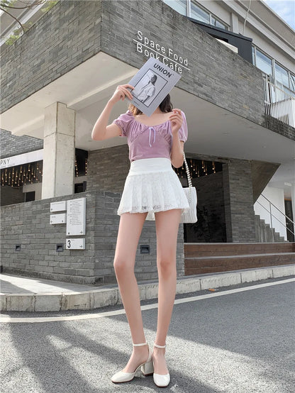 LVSANW A Line Mini Skirt New Ultra-short Mini Pants Elastic Waist Joker Lace Pleated  Sexy  Fashion Black White Skirt