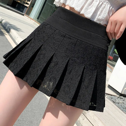 LVSANW A Line Mini Skirt New Ultra-short Mini Pants Elastic Waist Joker Lace Pleated  Sexy  Fashion Black White Skirt