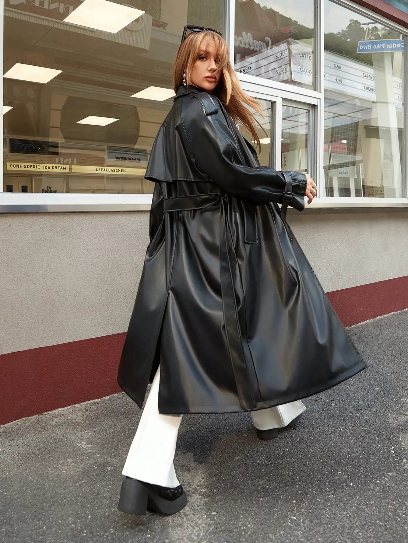 LVSANW A stylish spice girl long PU trench coat