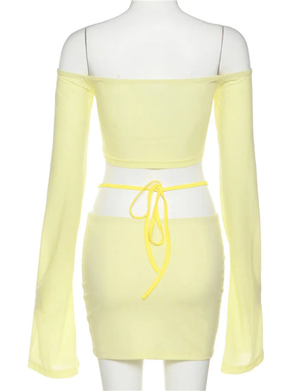 LVSANW ALLNeon Y2K Aesthetics Sexy Co-ord Sets Yellow 2000s Clubwear Off Shoulder Flare Sleeve Crop Tops and Micro Skirt 2 Piece Suits