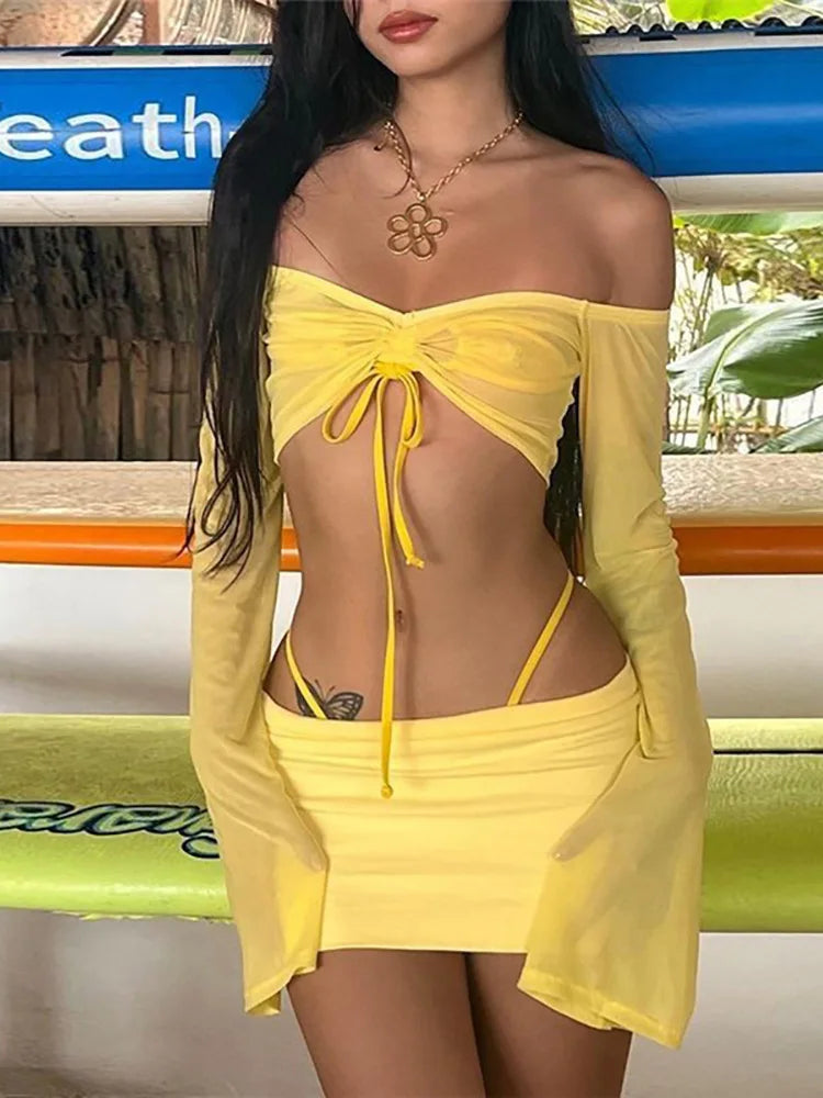 LVSANW ALLNeon Y2K Aesthetics Sexy Co-ord Sets Yellow 2000s Clubwear Off Shoulder Flare Sleeve Crop Tops and Micro Skirt 2 Piece Suits