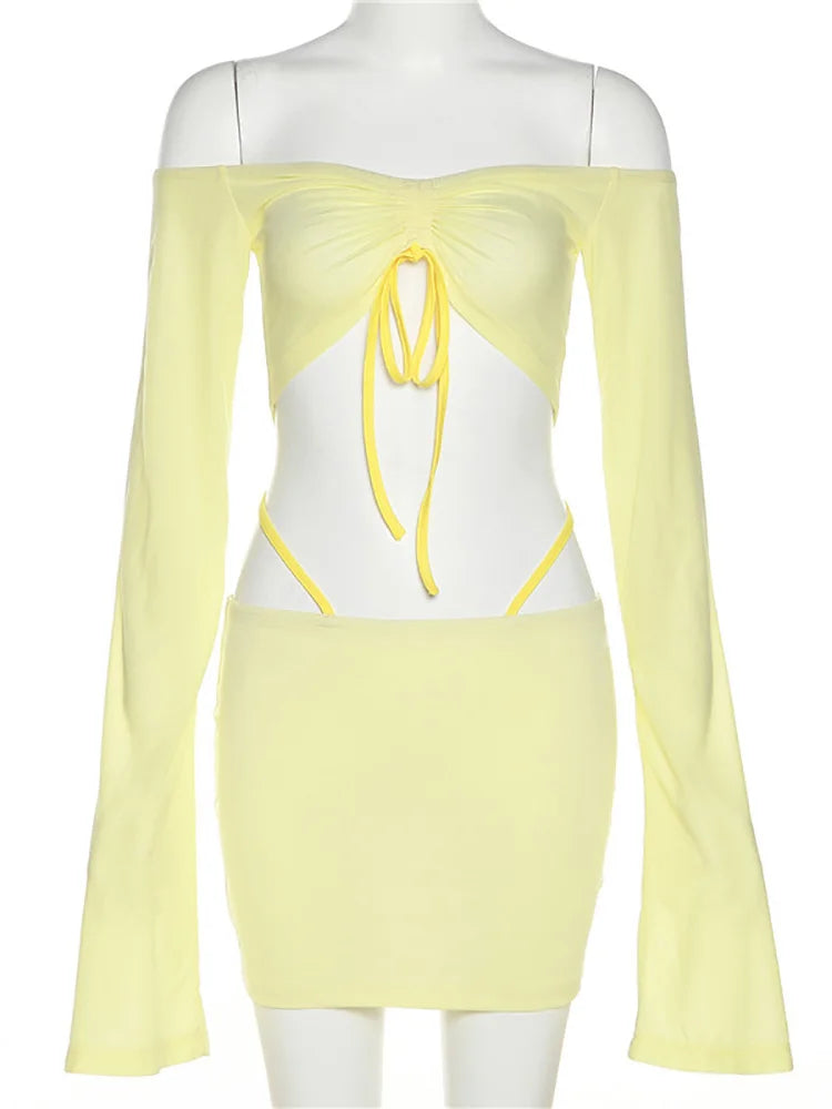 LVSANW ALLNeon Y2K Aesthetics Sexy Co-ord Sets Yellow 2000s Clubwear Off Shoulder Flare Sleeve Crop Tops and Micro Skirt 2 Piece Suits