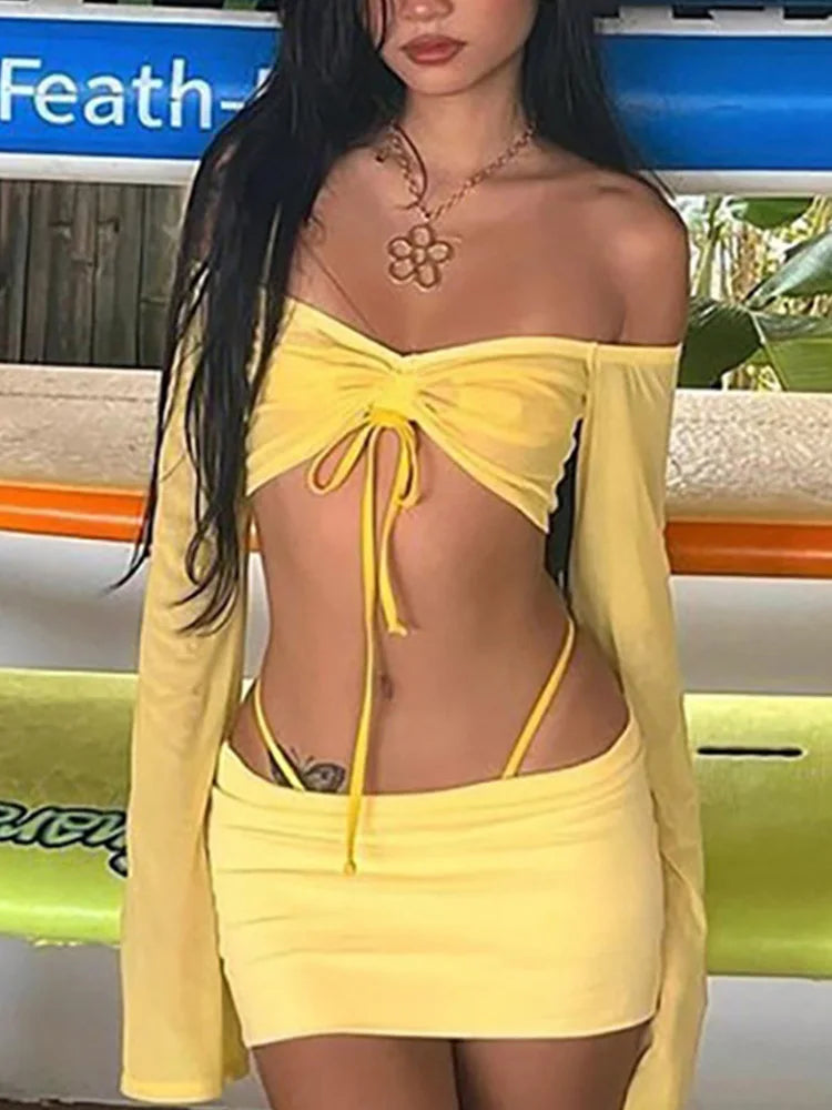 LVSANW ALLNeon Y2K Aesthetics Sexy Co-ord Sets Yellow 2000s Clubwear Off Shoulder Flare Sleeve Crop Tops and Micro Skirt 2 Piece Suits