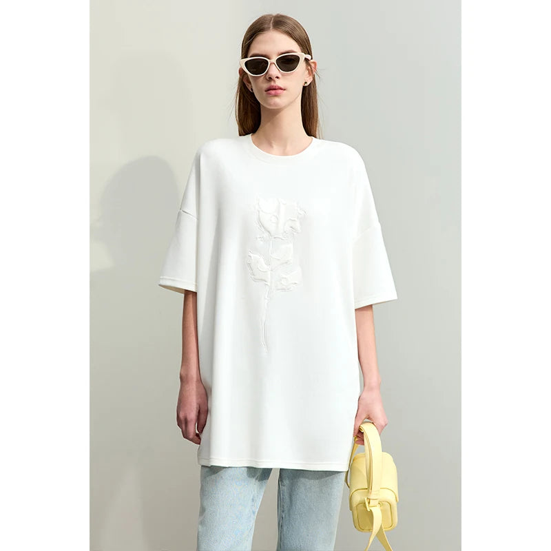 LVSANW AMII Minimalism White T-shirts Summer 2024 New Mid-length Loose Short Sleeves Embroidery O-Neck Tee Tops Women Clothing 12441076