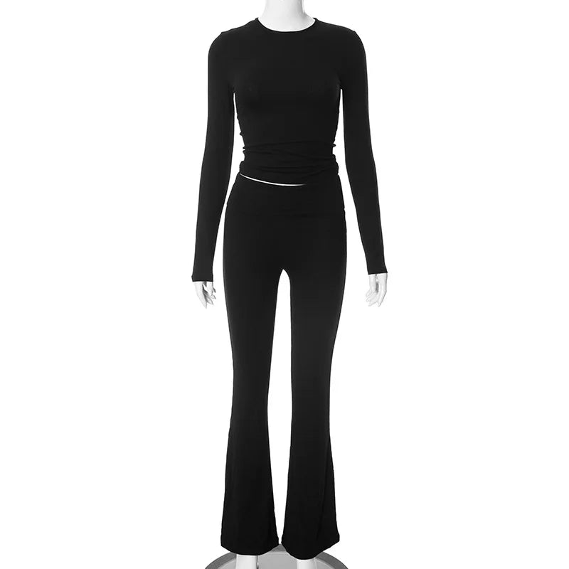 LVSANW Absobe Leisure Fold Over Pants Suit Women Crew Long Sleeve Slim Crop Top Flare Pants Sports Causal Set Hottie Autumn Streetwear