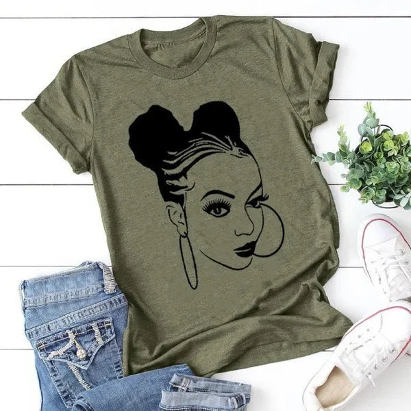 LVSANW African Girl Print T Shirt Women Short Sleeve O Neck Loose Tshirt Summer Women Tee Shirt Tops Camisetas Mujer