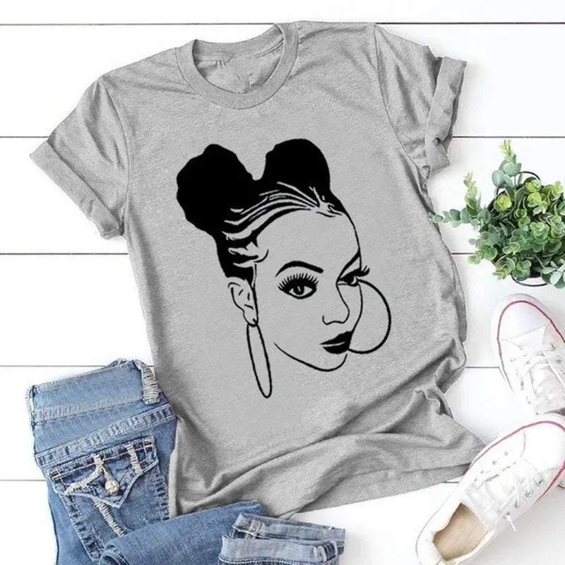 LVSANW African Girl Print T Shirt Women Short Sleeve O Neck Loose Tshirt Summer Women Tee Shirt Tops Camisetas Mujer