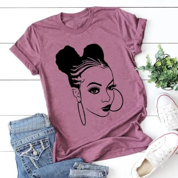 LVSANW African Girl Print T Shirt Women Short Sleeve O Neck Loose Tshirt Summer Women Tee Shirt Tops Camisetas Mujer