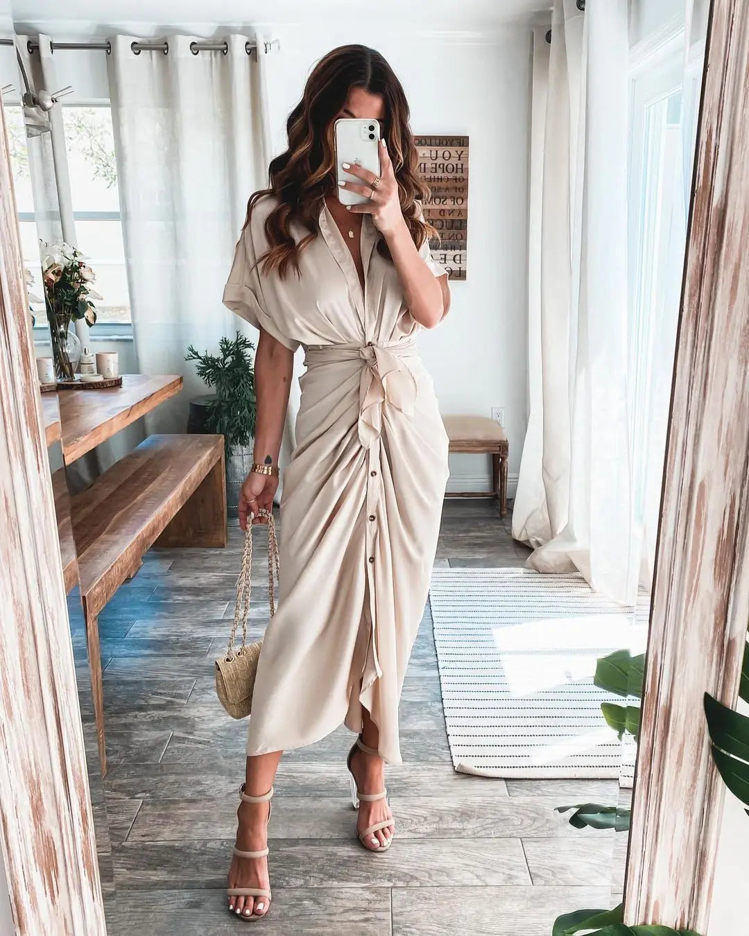 LVSANW Amazon Women Summer Elegant Button Ruched Bandage Shirt Dress Fashion Casual Short Sleeve Solid V Neck Beach Maxi Dress