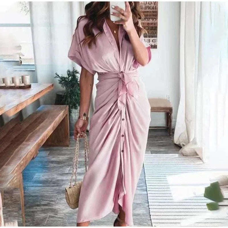 LVSANW Amazon Women Summer Elegant Button Ruched Bandage Shirt Dress Fashion Casual Short Sleeve Solid V Neck Beach Maxi Dress