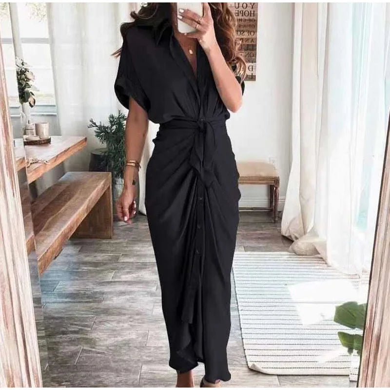 LVSANW Amazon Women Summer Elegant Button Ruched Bandage Shirt Dress Fashion Casual Short Sleeve Solid V Neck Beach Maxi Dress