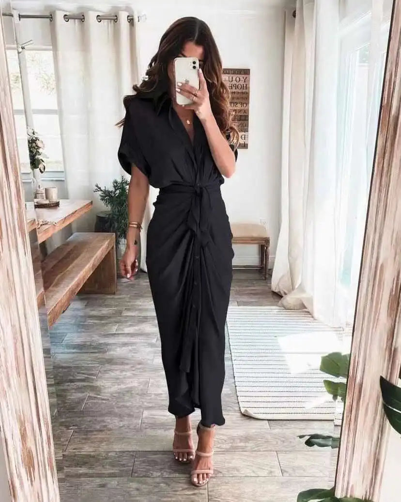 LVSANW Amazon Women Summer Elegant Button Ruched Bandage Shirt Dress Fashion Casual Short Sleeve Solid V Neck Beach Maxi Dress