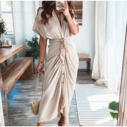 LVSANW Amazon Women Summer Elegant Button Ruched Bandage Shirt Dress Fashion Casual Short Sleeve Solid V Neck Beach Maxi Dress