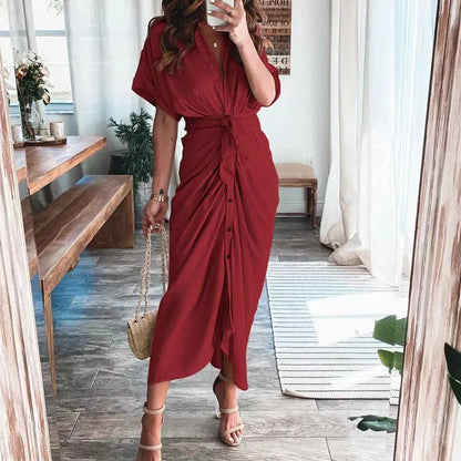 LVSANW Amazon Women Summer Elegant Button Ruched Bandage Shirt Dress Fashion Casual Short Sleeve Solid V Neck Beach Maxi Dress