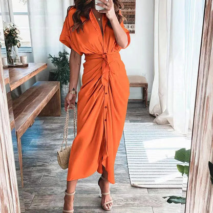 LVSANW Amazon Women Summer Elegant Button Ruched Bandage Shirt Dress Fashion Casual Short Sleeve Solid V Neck Beach Maxi Dress