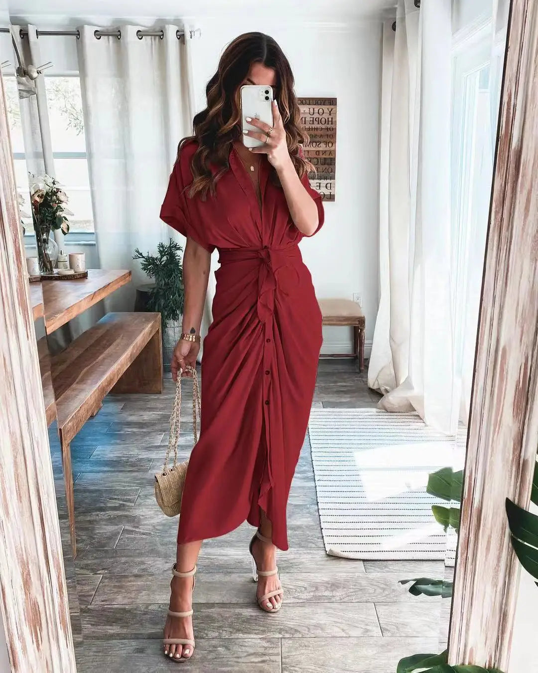 LVSANW Amazon Women Summer Elegant Button Ruched Bandage Shirt Dress Fashion Casual Short Sleeve Solid V Neck Beach Maxi Dress