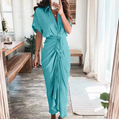 LVSANW Amazon Women Summer Elegant Button Ruched Bandage Shirt Dress Fashion Casual Short Sleeve Solid V Neck Beach Maxi Dress