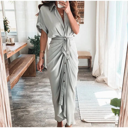 LVSANW Amazon Women Summer Elegant Button Ruched Bandage Shirt Dress Fashion Casual Short Sleeve Solid V Neck Beach Maxi Dress