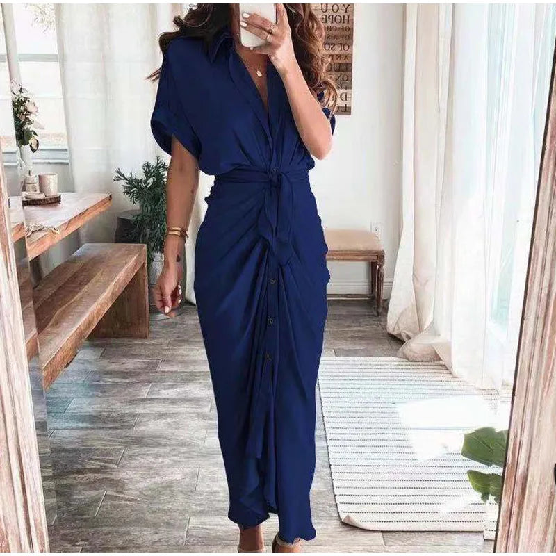 LVSANW Amazon Women Summer Elegant Button Ruched Bandage Shirt Dress Fashion Casual Short Sleeve Solid V Neck Beach Maxi Dress