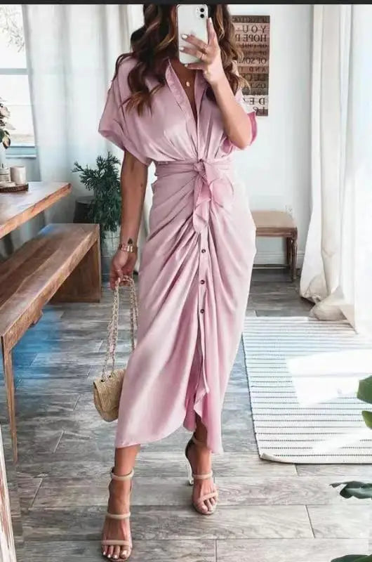 LVSANW Amazon Women Summer Elegant Button Ruched Bandage Shirt Dress Fashion Casual Short Sleeve Solid V Neck Beach Maxi Dress