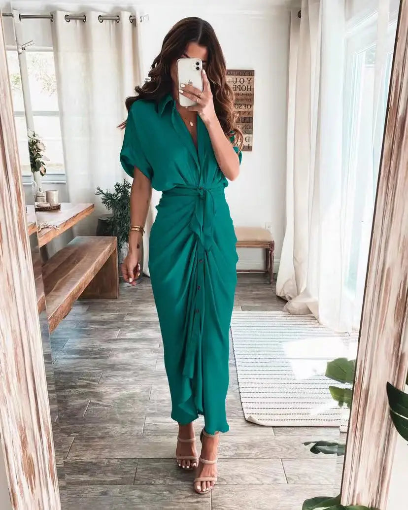 LVSANW Amazon Women Summer Elegant Button Ruched Bandage Shirt Dress Fashion Casual Short Sleeve Solid V Neck Beach Maxi Dress