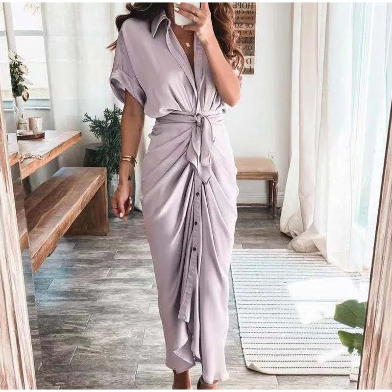 LVSANW Amazon Women Summer Elegant Button Ruched Bandage Shirt Dress Fashion Casual Short Sleeve Solid V Neck Beach Maxi Dress