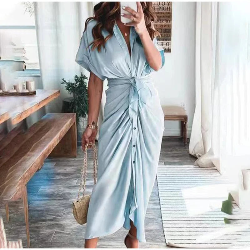 LVSANW Amazon Women Summer Elegant Button Ruched Bandage Shirt Dress Fashion Casual Short Sleeve Solid V Neck Beach Maxi Dress