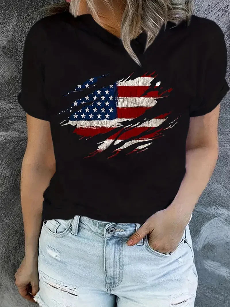 LVSANW American Flag Print T-Shirt, Independence Day Short Sleeve Crew Neck Casual Top For Summer & Spring, Women's Clothing