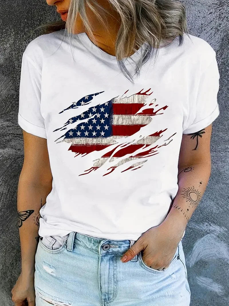 LVSANW American Flag Print T-Shirt, Independence Day Short Sleeve Crew Neck Casual Top For Summer & Spring, Women's Clothing