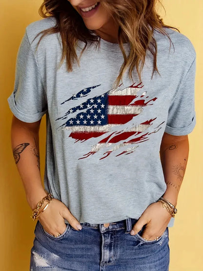 LVSANW American Flag Print T-Shirt, Independence Day Short Sleeve Crew Neck Casual Top For Summer & Spring, Women's Clothing