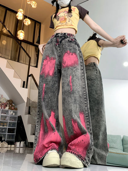 LVSANW American High Street Graffiti Design Y2k Jeans Personality Vintage Wide Leg Pants Women Summer New Hip-hop Jeans for Women