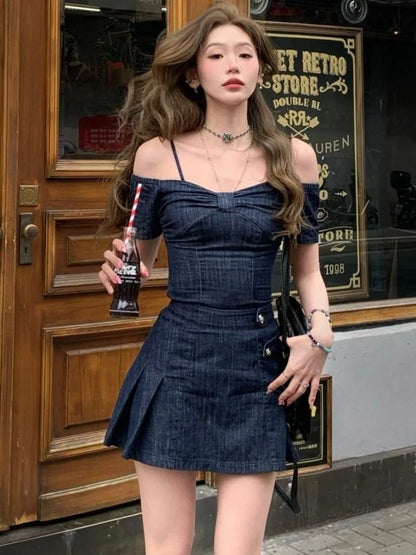 LVSANW American Hot Girl Retro Suit Women's Summer Off Shoulder Denim Slim Fit Top High Waist A-Line Skirt Two-piece Set Female Clothes