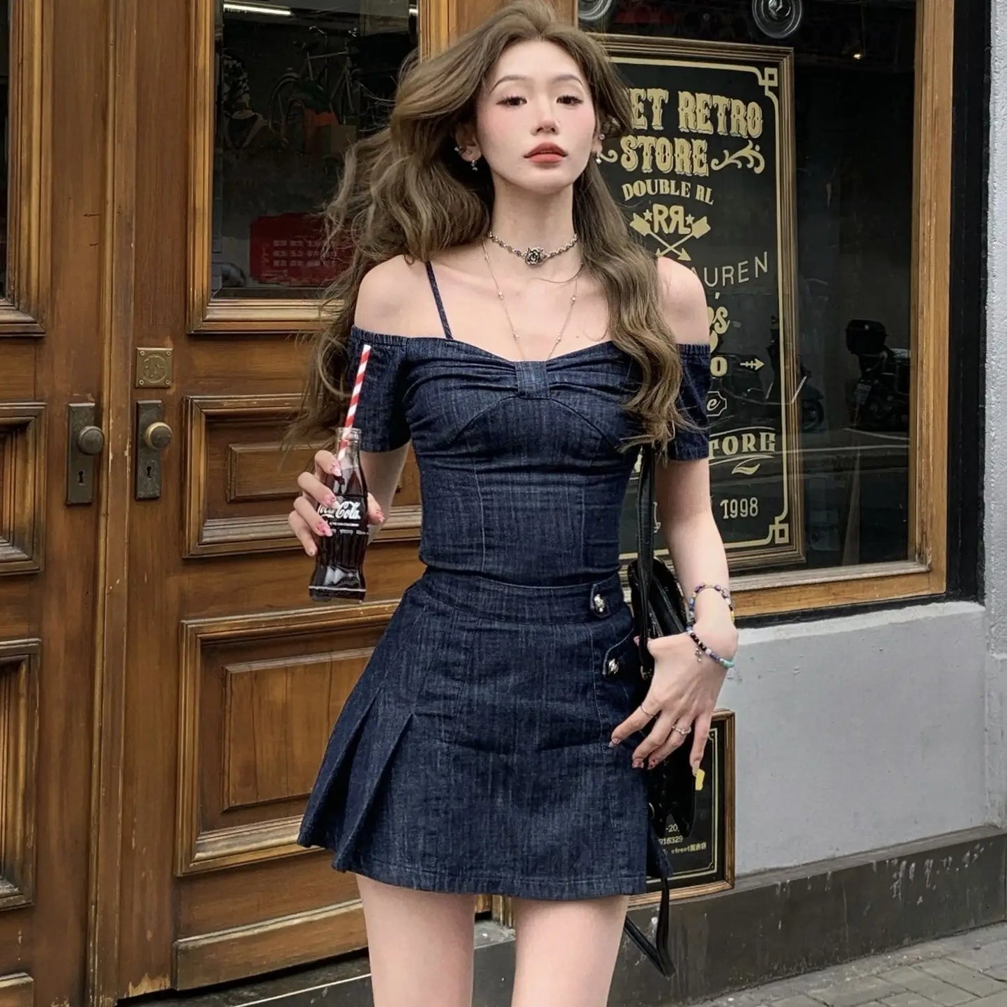 LVSANW American Hot Girl Retro Suit Women's Summer Off Shoulder Denim Slim Fit Top High Waist A-Line Skirt Two-piece Set Female Clothes