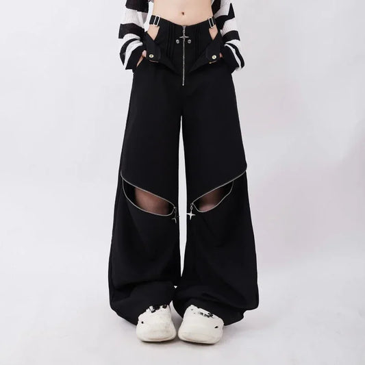 LVSANW American Individualized Spicy Girl Hollow Out Workwear Pants for Women Fashion Zipper Two Wear Design Casual Versatile Trousers