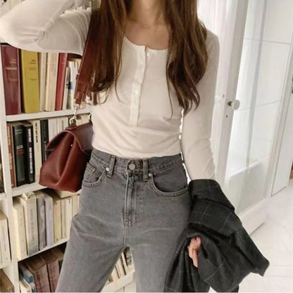 LVSANW American Long Sleeve T-Shirt Women Y2K Autumn Streetwear Button Up Knitwear Female Fashion Slim V Neck Bottoming Pullover