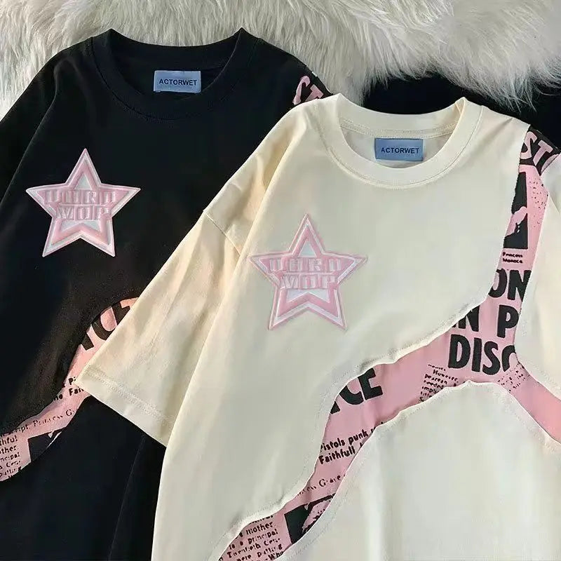 LVSANW American Personality Star Irregular Splicing T-shirt Street Fashion Brand Loose Casual Couple Y2k Pure Cotton Plus Size Top