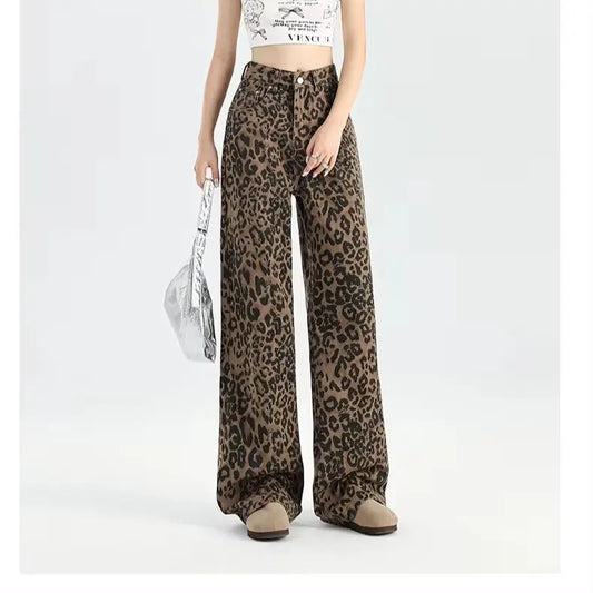 LVSANW American Retro Loose Wide Leg Pants For Women Overalls Leopard Print High Street Casual Y2k Hip-hop Cargo Grunge Baggy Trousers