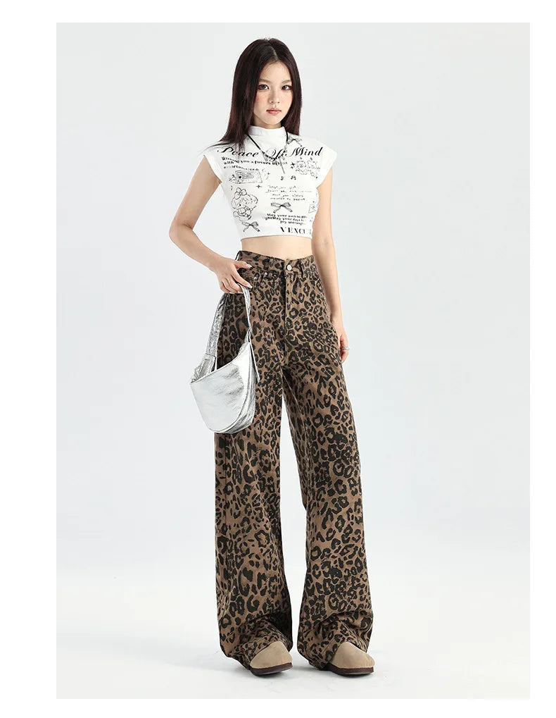 LVSANW American Retro Loose Wide Leg Pants For Women Overalls Leopard Print High Street Casual Y2k Hip-hop Cargo Grunge Baggy Trousers