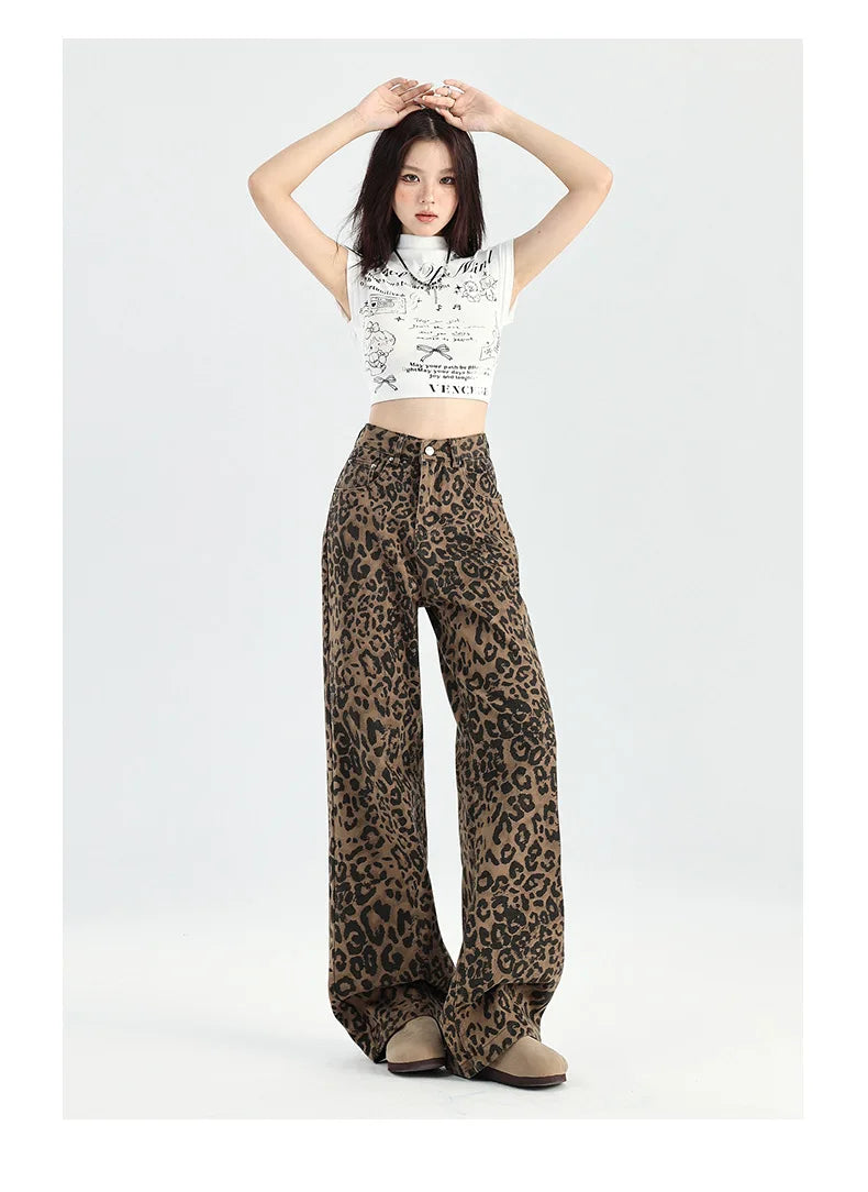 LVSANW American Retro Loose Wide Leg Pants For Women Overalls Leopard Print High Street Casual Y2k Hip-hop Cargo Grunge Baggy Trousers