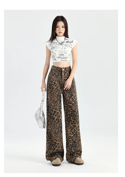 LVSANW American Retro Loose Wide Leg Pants For Women Overalls Leopard Print High Street Casual Y2k Hip-hop Cargo Grunge Baggy Trousers