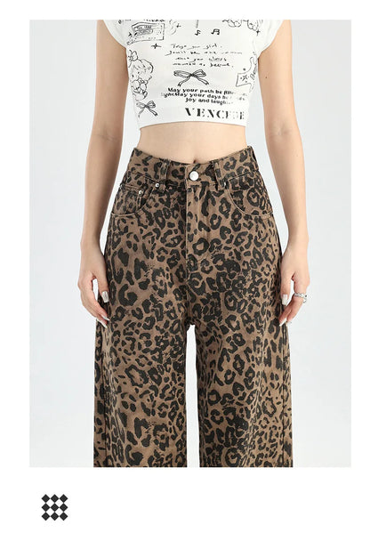 LVSANW American Retro Loose Wide Leg Pants For Women Overalls Leopard Print High Street Casual Y2k Hip-hop Cargo Grunge Baggy Trousers